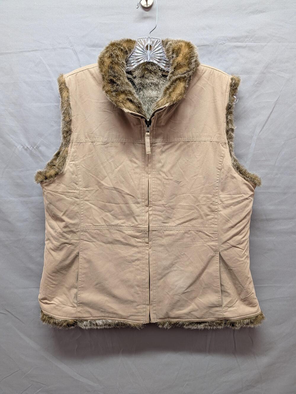 Faux Fur Lined Trim Vest Womens Medium Beige Tan Zip Front Stand Collar Warm